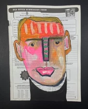 Original Portrait Painting Orange Thinking Man Artsy Advert Upcycled Wall Art