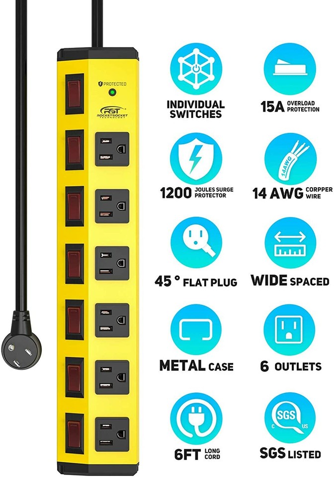 6 outlets Heavy Duty Power Strip,6 ft Individual Switches,1200J Surge
