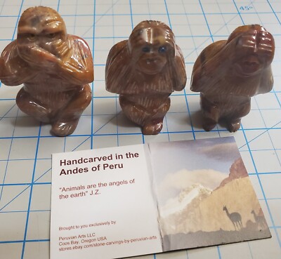 Hard-Carved Inca Stone No Evil Wise Monkeys-Glass Eyes & Provenance
