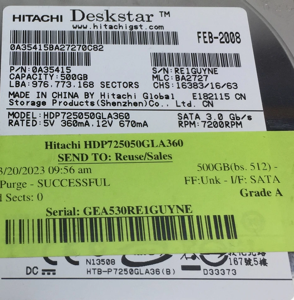 Hitachi HDP7250GLA360 500BG 3.5" SATA 3 Desktop Hard Disk Drive HDD Tested - Image 3 of 4