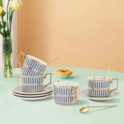 4Pcs 7Oz Porcelain Glazed Blue Stripes Tea Cup and Saucer Set W/Golden Spoon