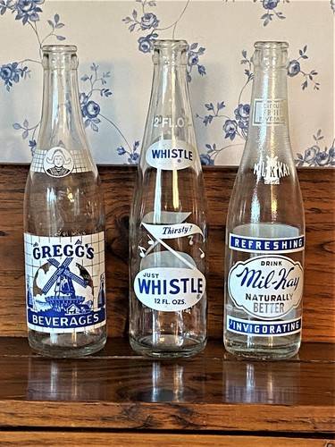Lot of 3 Vintage Soda Pop Bottles ~ Whistle, Gregg's, Mil-Kay ~ Bright Graphics