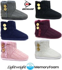 LADIES DUNLOP MEMORY FOAM SLIPPERS WINTER FUR SLIP ON WARM COMFORT ANKLE BOOTS