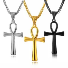 Egyptian Ankh Life Cross Pendant Necklace w 24" Box Chain - Black Gold Silver