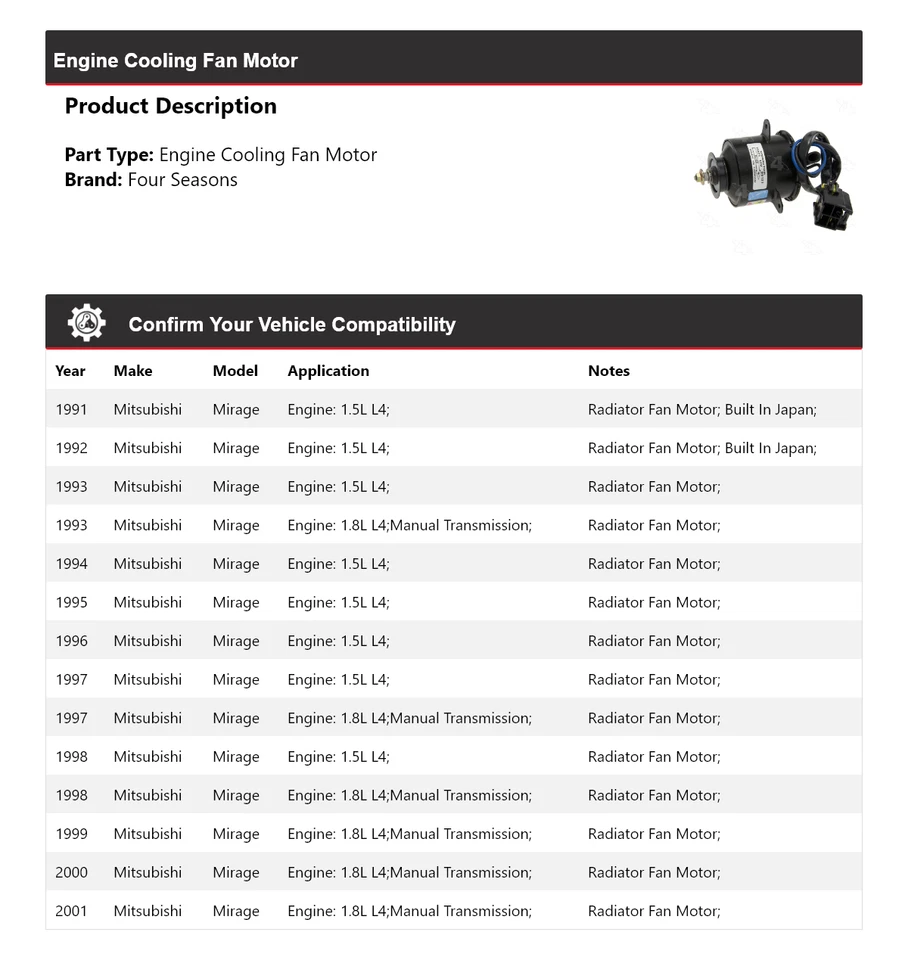 Ventilador de refrigeración motor Mitsubishi Mirage 1991-2001 4 estaciones 1992 1993 Foto 2 de 4
