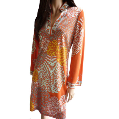 NWT FLORA KUNG $480 silk jersey split collar coral caftan tunic