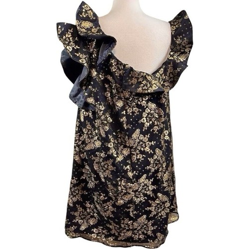 Vestido Nha Khanh Viera Lámina Metálica Hombro Descubierto Floral Volantes Negro Dorado Talla 22 - Imagen 2 de 7