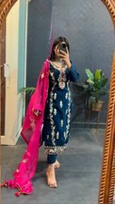 New Designer Chinnon Silk Blue Color Salwar Kameez With Dupatta For Women Wear