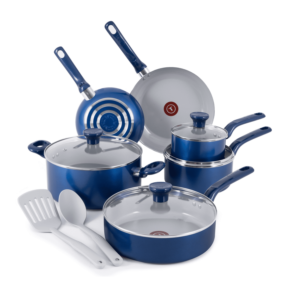 T-fal Easy Care Ceramic Non-Stick 12 Piece Pots and Pans Cookware Set - Blue