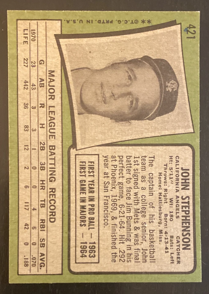 1971 TOPPS BASEBALL SET, #421 John Stephenson, California Angels, VGEX+ - Image 2 of 2