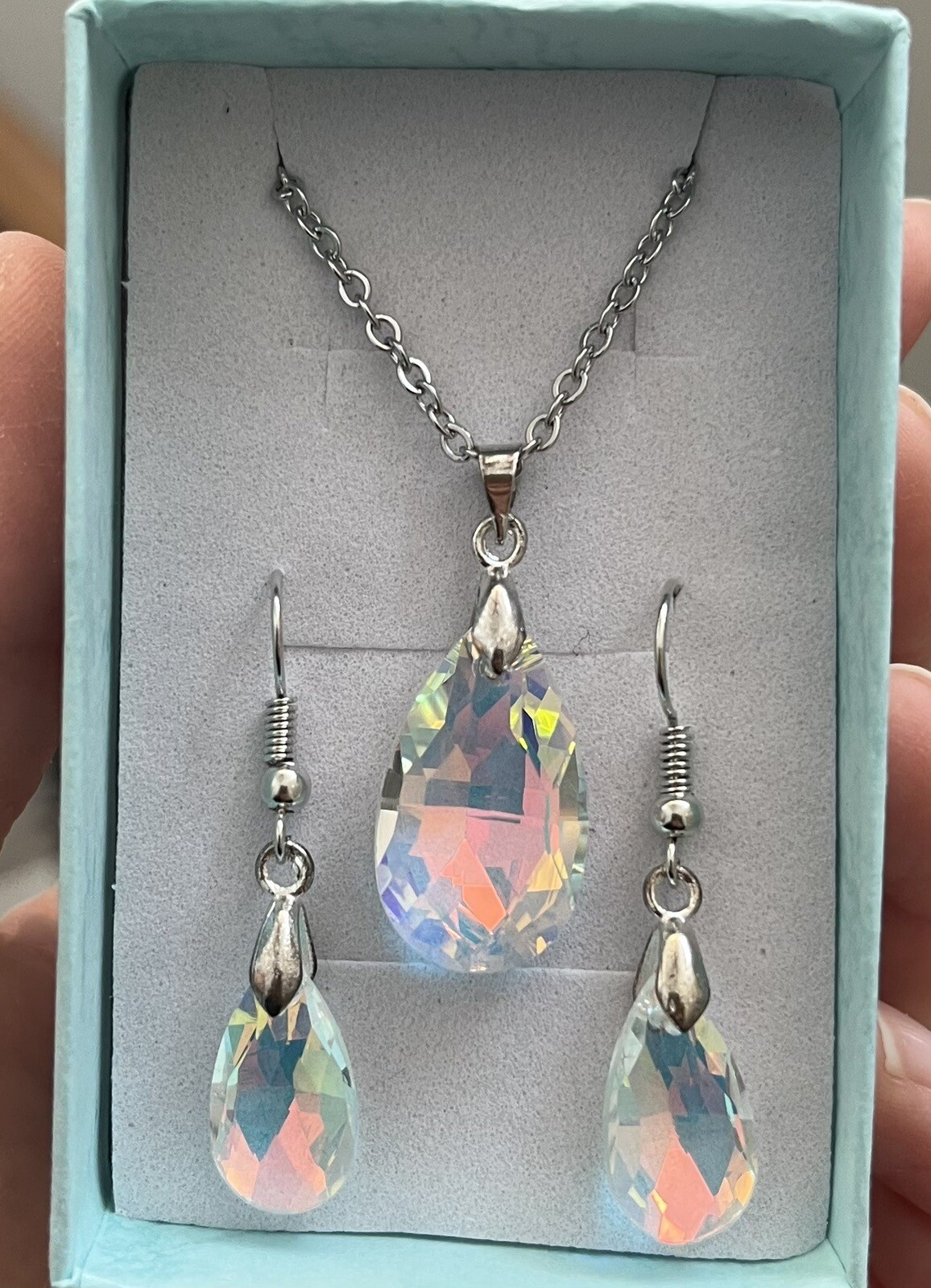 Silver Women Necklace Earrings MadeWith Swarovski ￼Crystal Teardrop Jewelry Set