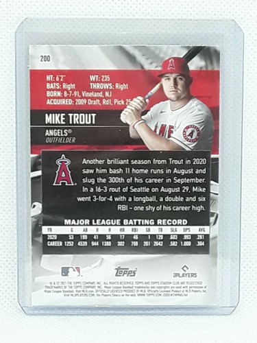 Mike Trout 2021 Topps Stadium Club Baseball - RED #200 - Los Angeles Angels - Picture 2 of 2