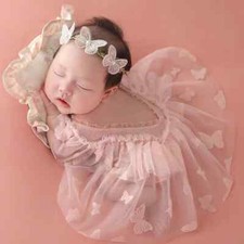 Newborn Girl Photoshoot Outfits Baby Girl Mesh Dress Romper with Headband Infant