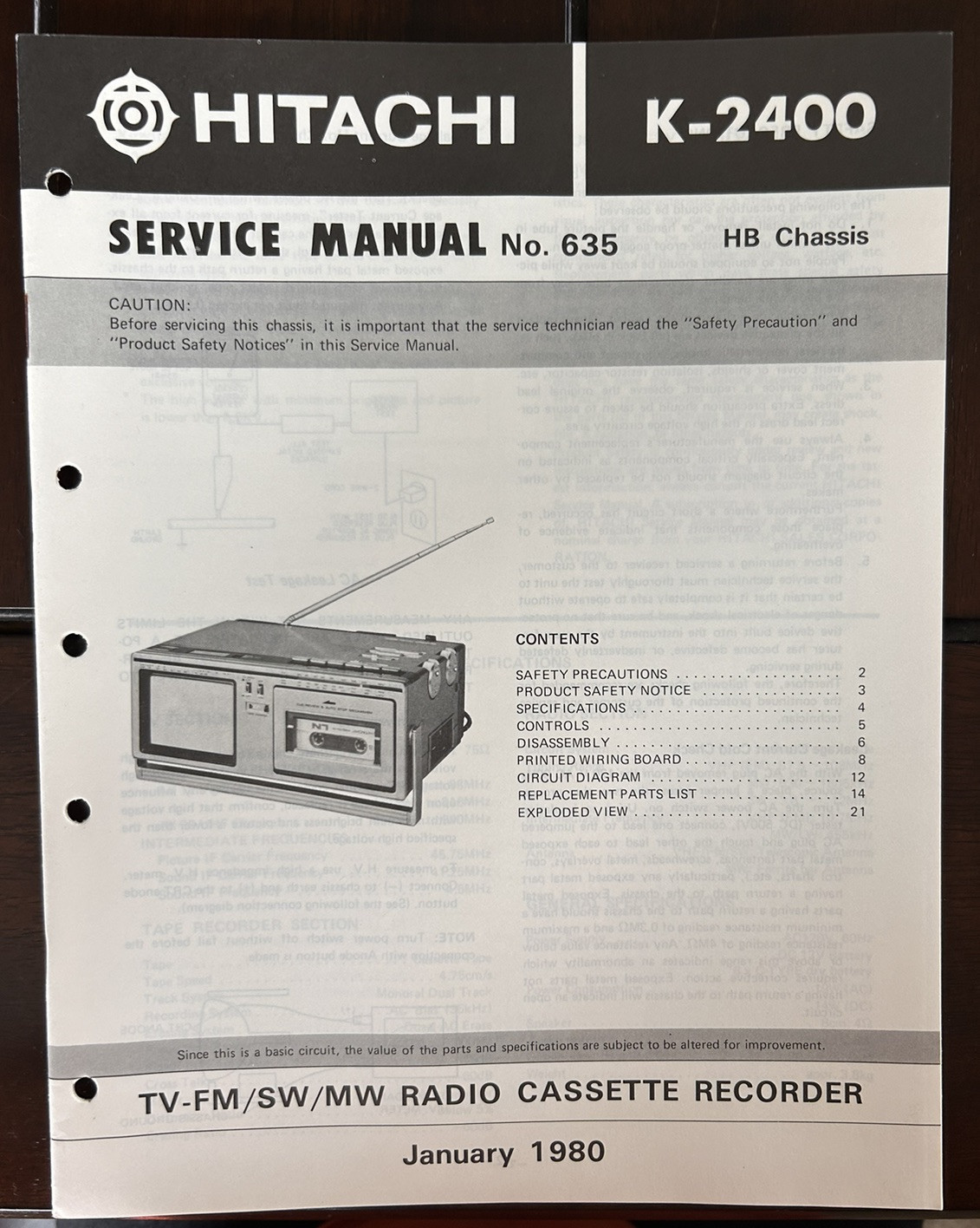 January/80Hitachi K-2400 TV-FM /SW/MW Radio Cassette Recorder
