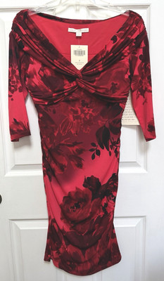 NWT Boston Proper Multi-Red & Black Floral Lined 3/4 Sleeve Twist V-Neck Dress 8