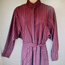 Red Purple Striped Long Sleeve Belted Button Shirt Dress Women Midi