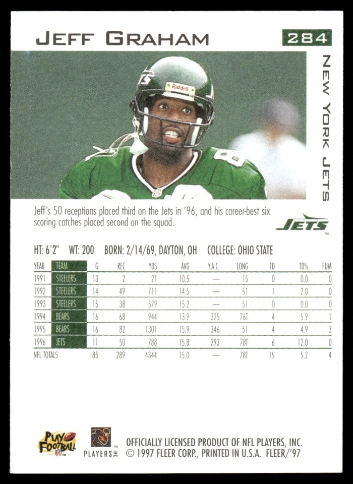 Jeff Graham 1997 Fleer #284 New York Jets 24984 Football Card - Image 2 of 2