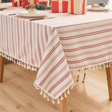 Striped Tablecloth Rectangle, Heavy Duty 100 Cotton Table Cloth with Tassel,...