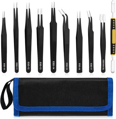 10 PCS Precision Tweezers Set, Stainless Steel ESD Anti-Static Tweezers Kit for