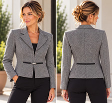 Doncaster Women's Silk Rayon Blazer Jacket Size 8 Black Ivory Micro Check Belt