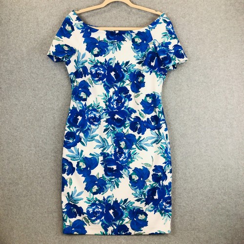 Vestido Vaina de Buceo Calvin Klein Azul/Blanco Floral Para Mujer Talla 12P Mangas de Gorra Cremallera