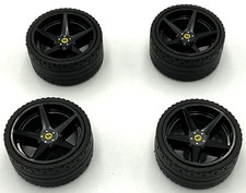 Lego 4 New Black Wheels 21mm D. X 11mm With 5 Spokes Yellow Ferrari Logo Pieces Lego 4 New Black Wheels 21mm D. X 11mm With 5 Spokes Yellow Ferrari Logo Pieces
