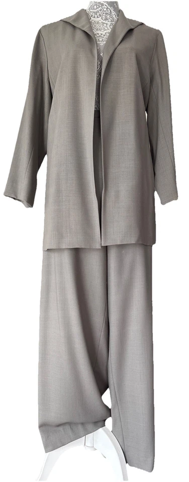 Pantalón Traje Minimalista Mujer Eileen Fisher Griege Gris Verde Lana Italiana Talla L Foto 2 de 4
