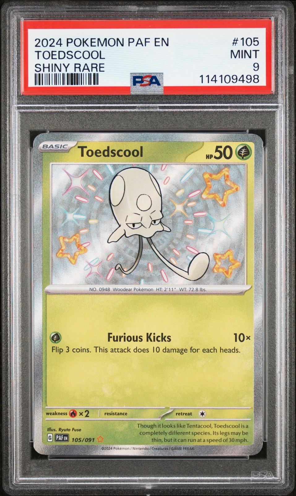 2024 POKEMON PAF EN-PALDEAN FATES SHINY RARE #105 TOEDSCOOL PSA 9