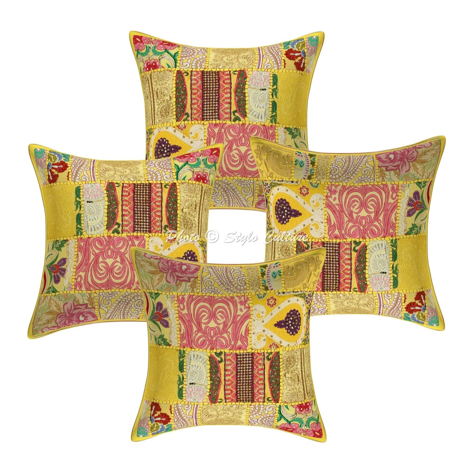 Bohemian Cotton Throw Pillow Covers Vintage Patchwork Yellow Floral Home Decor