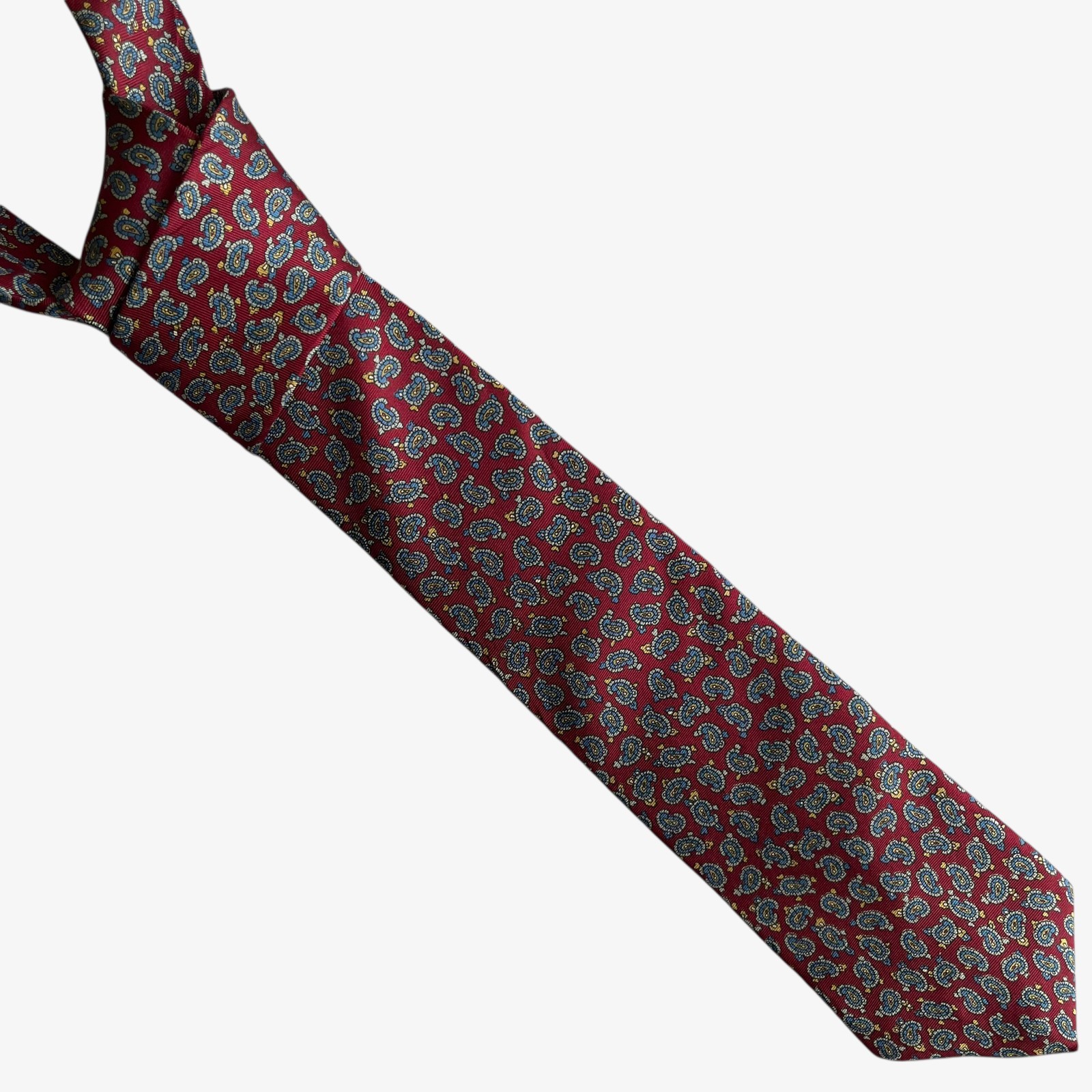 Vintage 80s Hardy Amies Geometric Paisley Print Red Silk Tie, Retro 90s Floral