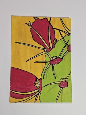 Prickly Pear Cactus ACEO Original Painting  Close Up Style By Elaine M