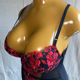 Ann Summers THE HERO Cami Suspender, Black Sheer Mesh Red Embroidered, UK 16 B-C