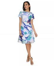 Calvin Klein Plus Size A-Line Dress 18W White Blue Watercolor Floral NWT $139