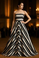 Halston Heritage Strapless Black White Stripe Chevron Gown Dress 8 Fit & Flare