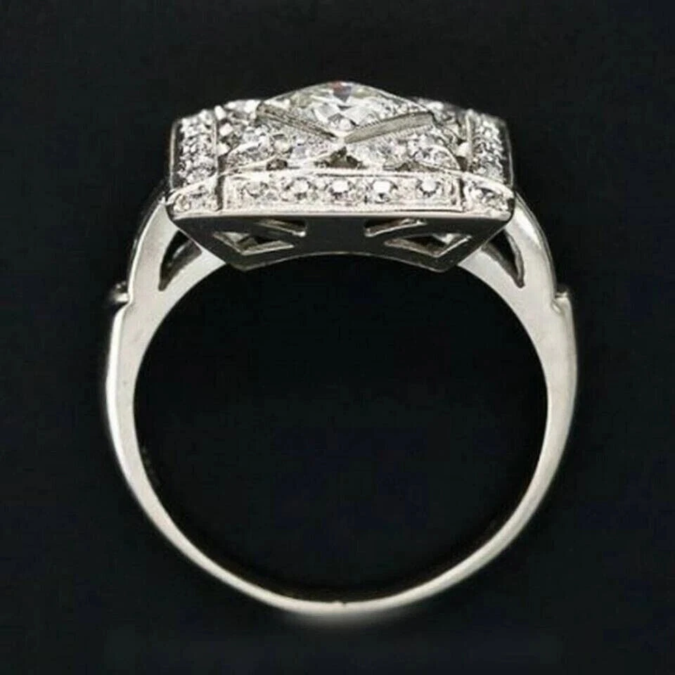 2 克拉圆形切割艺术装饰实验室制造的钻石结婚戒指 14K 白金饰面 — 第 3/4 张图片