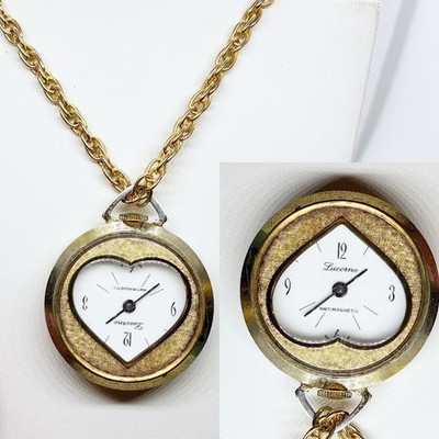 Vintage Lucerne Watch Necklace Swiss 60s 70s Retro Heart Window Floral Etched Vintage Lucerne Gold Heart Pendant Watch Necklace | eBay main image 3