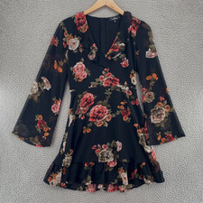 Lulus Dress Womens Medium Alive With Artistry Black Floral Fit & Flair Ruffle