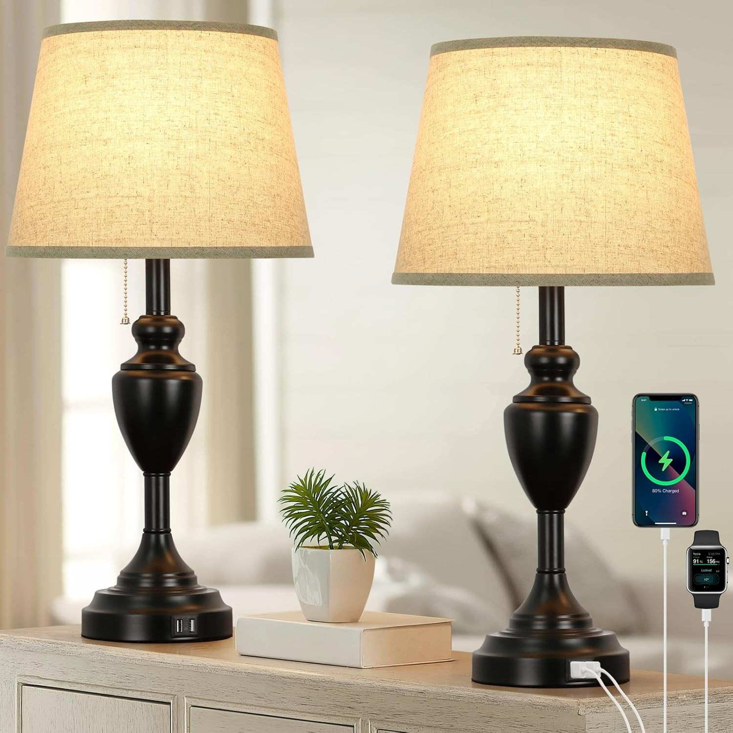 24-Inch Tall Farmhouse Rustic Black Table Lamp with 2 USB Charging Ports