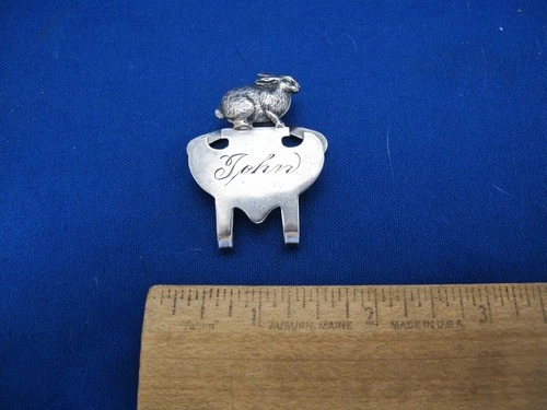 Fun Vintage LUNT Sterling CHILD'S NAPKIN CLIP w/RABBIT TOP-Mono JOHN
