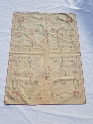 Vintage Handmade Traditional Floral Beige Green Kilim Floor Rug Carpet 187x138cm