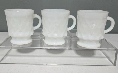 Set Of 3 Anchor Hocking Fire King Kimberly Diamond White Milk Glass Mugs Cups