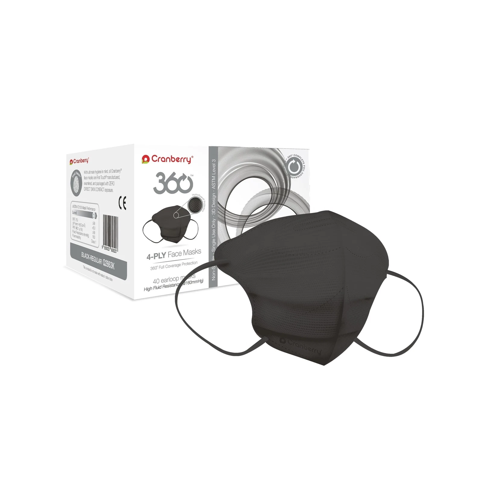 Cranberry Q2863Kcase 360 Earloop Face Mask Level 3, Black, Regular (Pack of 320)