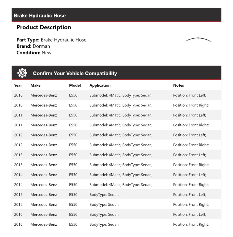 Manguera hidráulica de freno Dorman para Mercedes-Benz E550 2010-2016 2011 2012 2013 2014 Foto 2 de 4