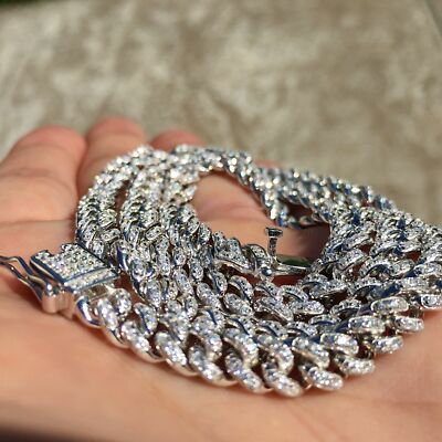 Real 925 Sterling Silver Miami Cuban Chain Iced Flooded Out CZ