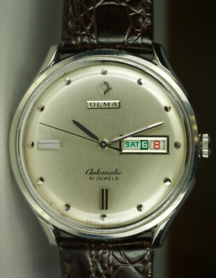 Rare Vintage OLMA Automatic 41 Jewels Day Date 37mm Swiss Made