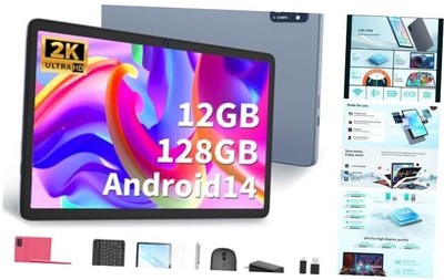 Android Tablet with Keyboard, 10 inch Android 14 Tablet, 12GB RAM+128 Pink