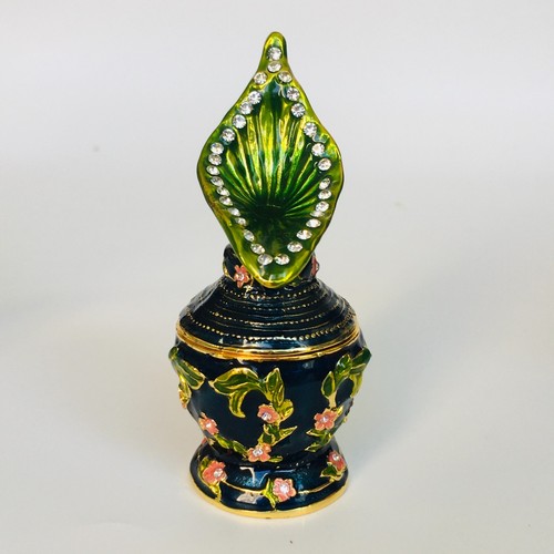 Floral Leaf Enamel Jeweled Crystal Trinket Box 3"