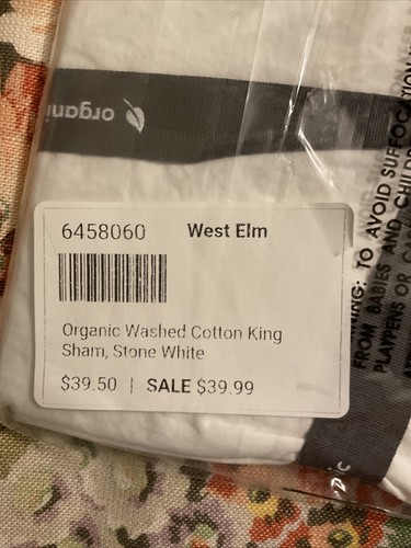 West Elm King Sham Organic Washed Cotton Stone White NEW - Picture 4 of 4