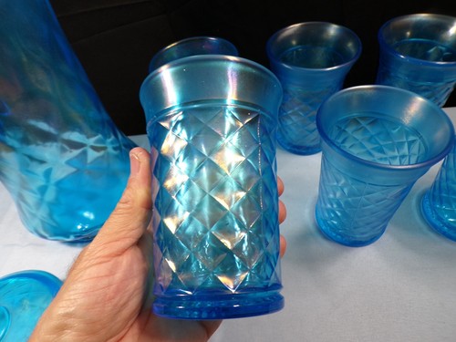 Northwood Celeste blau irisierend Stretch Glas konkav Diamanten Wasser Set INV2 - Bild 13 von 20