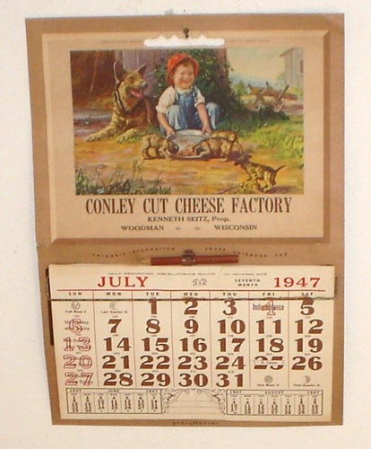 Calendario vintage 1947 Conley Cut Cheese Factory Woodman, Wisconsin con lápiz M17